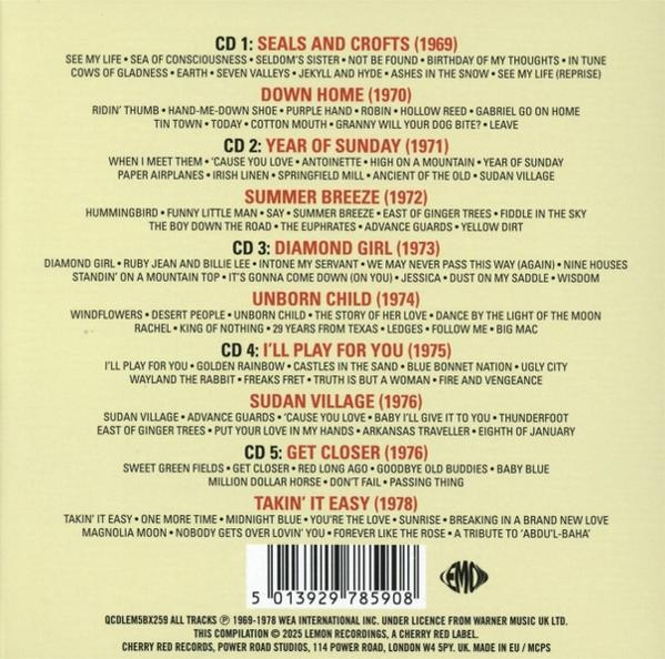 Albumcover mit Titellisten, Jahren und Barcode. Titel umfassen 'Seals and Crofts', 'Diamond Girl'.
