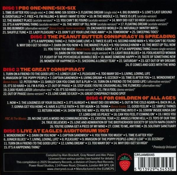 Albumcover mit Titellisten. Titel sind rot und weiß. Ein Erdbeerlogo befindet sich in der Ecke.