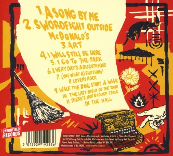 Albumcover mit rotem und gelbem Design. Text listet Songtitel auf. Enthält Illustrationen einer Katze, eines Besens, einer Blume, einer Schreibmaschine und einer Hand.