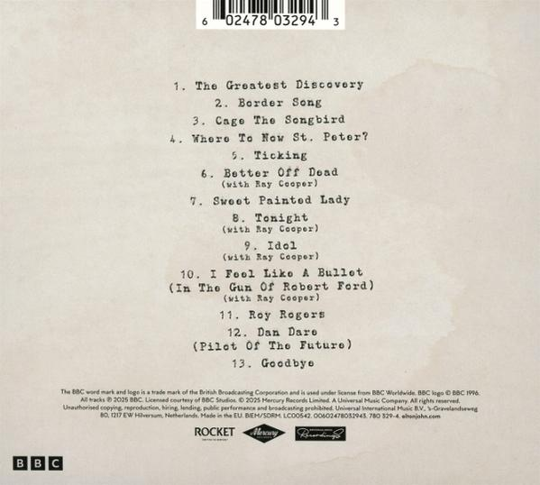 CD-Cover mit Titelliste: 13 Songs, darunter 'The Greatest Discovery' und 'Goodbye'. BBC-Logo unten.