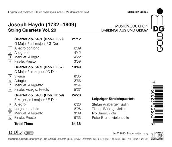 CD-Cover mit Text, der Streichquartette von Joseph Haydn auflistet, einschließlich Spielzeiten und Namen der Interpreten.