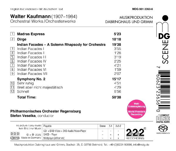 CD-Cover mit Musikdetails. Listet Kompositionen von Walter Kaufmann, aufgeführt vom Philharmonischen Orchester Regensburg.