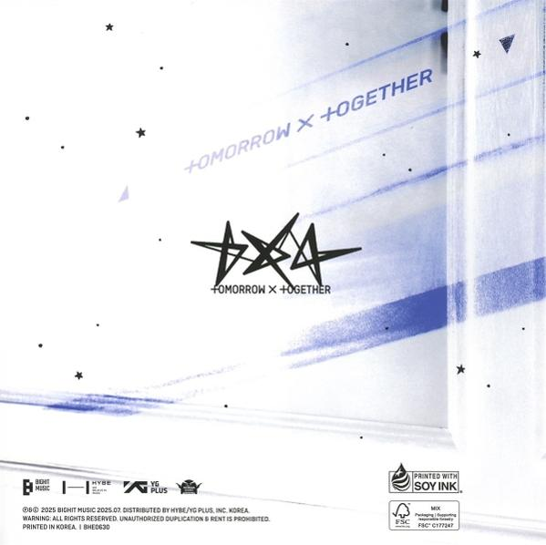 Das Albumcover zeigt ein stilisiertes TXT-Logo und den Text 'TOMORROW X TOGETHER' auf einem weiß-blauen Hintergrund mit Sternen.