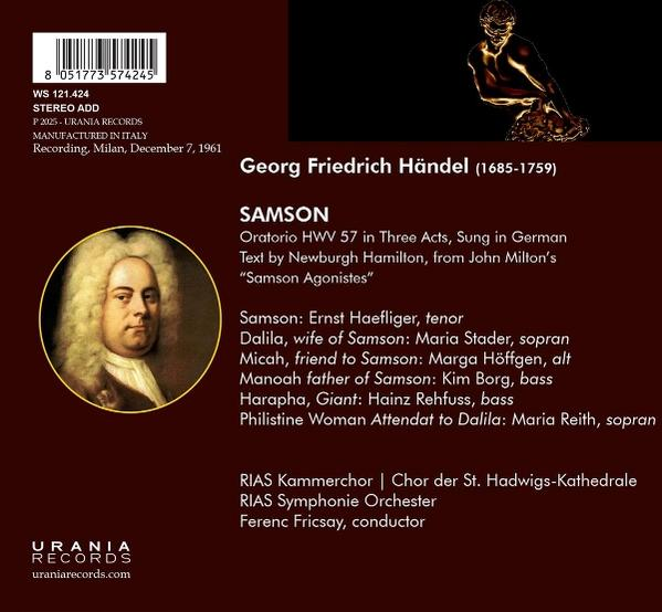Albumcover für Händels Samson. Zeigt ein Porträt eines Mannes, Text und eine goldene Skulptur.