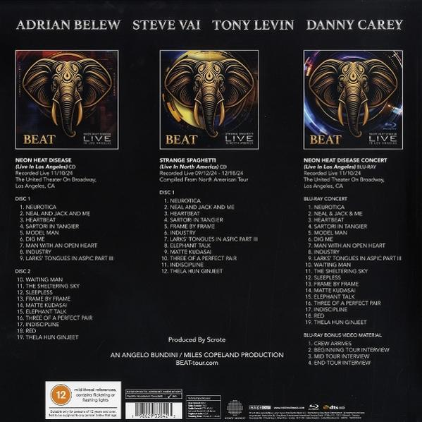 Albumcover mit drei Beat Live Konzertbildern. Elefantenkunstwerk ist zentriert. Text enthält Bandnamen, Albumtitel und Titellisten.