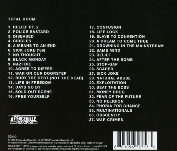 Das CD-Cover listet Songtitel wie 'Police Bastard' und 'War Crimes' auf, mit einem Logo von Peaceville Records. Der Hintergrund ist schwarz.
