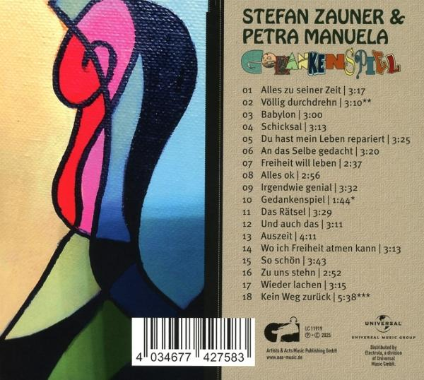 CD-Cover mit abstrakter Kunst links und Titelliste rechts. Künstlername oben, Barcode und Logo unten.
