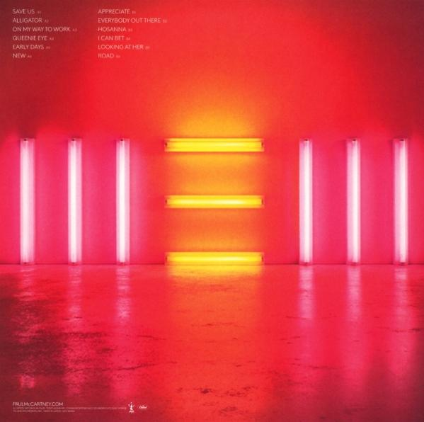 Roter und orangefarbener Albumcover mit vertikalen und horizontalen Neonlichtern. Songtitel sind aufgeführt. Unten steht paulmccartney.com.
