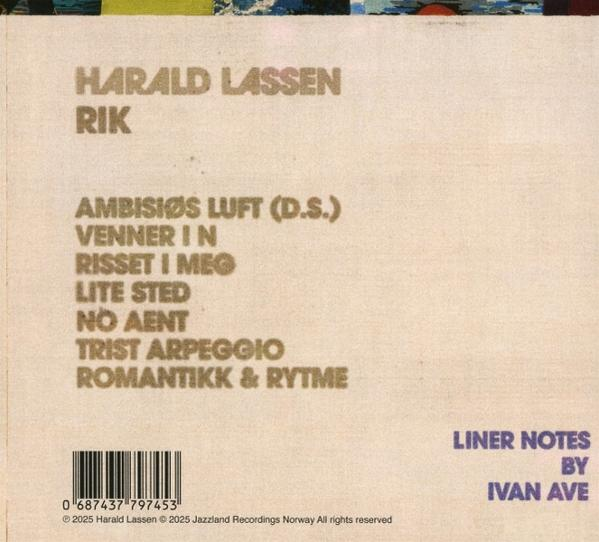 Albumcover mit Text: Harald Lassen, RIK, Titelliste und Notizen von Ivan Ave. Enthält einen Barcode und Copyright-Informationen.