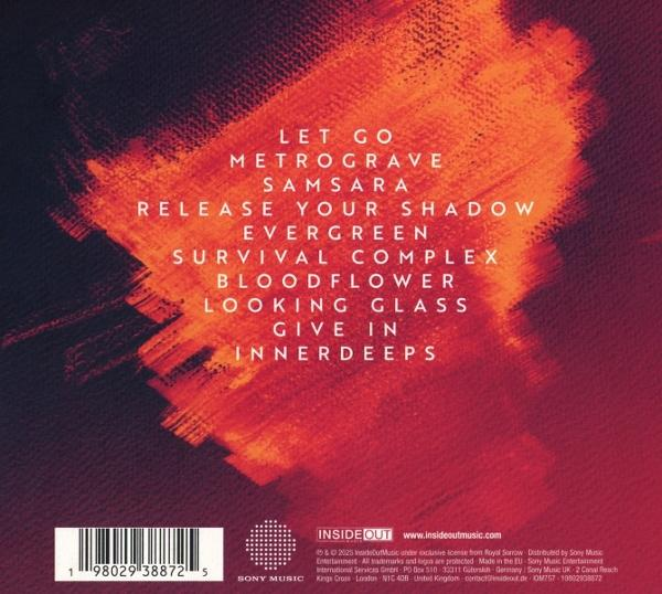 Albumcover mit Text: Let Go, MetroGrave, Samsara, Release Your Shadow, Evergreen. Hintergrund ist orange und rot mit Barcode.