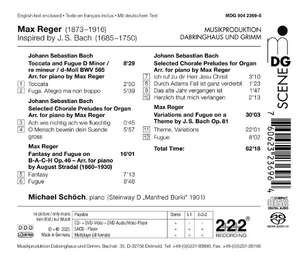 CD-Cover mit Text, der Musikstücke von Max Reger und J.S. Bach auflistet. Enthält Logo und Barcode.