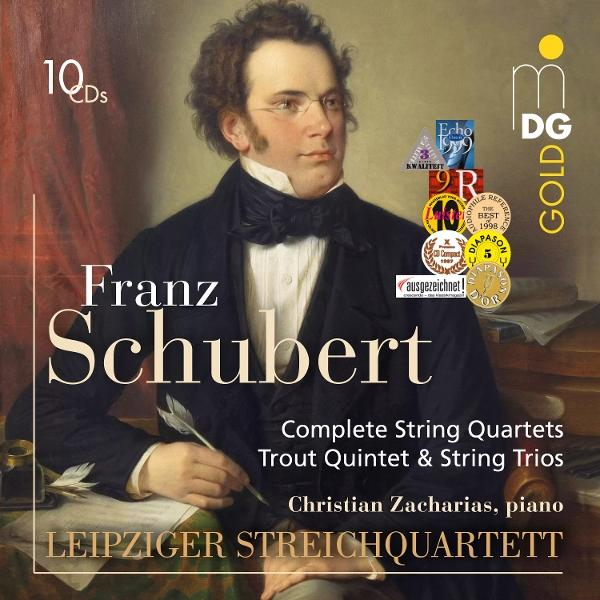 Porträt von Franz Schubert auf einem CD-Cover. Text enthält 'Complete String Quartets', Auszeichnungen und 'LEIPZIGER STREICHQUARTETT'.