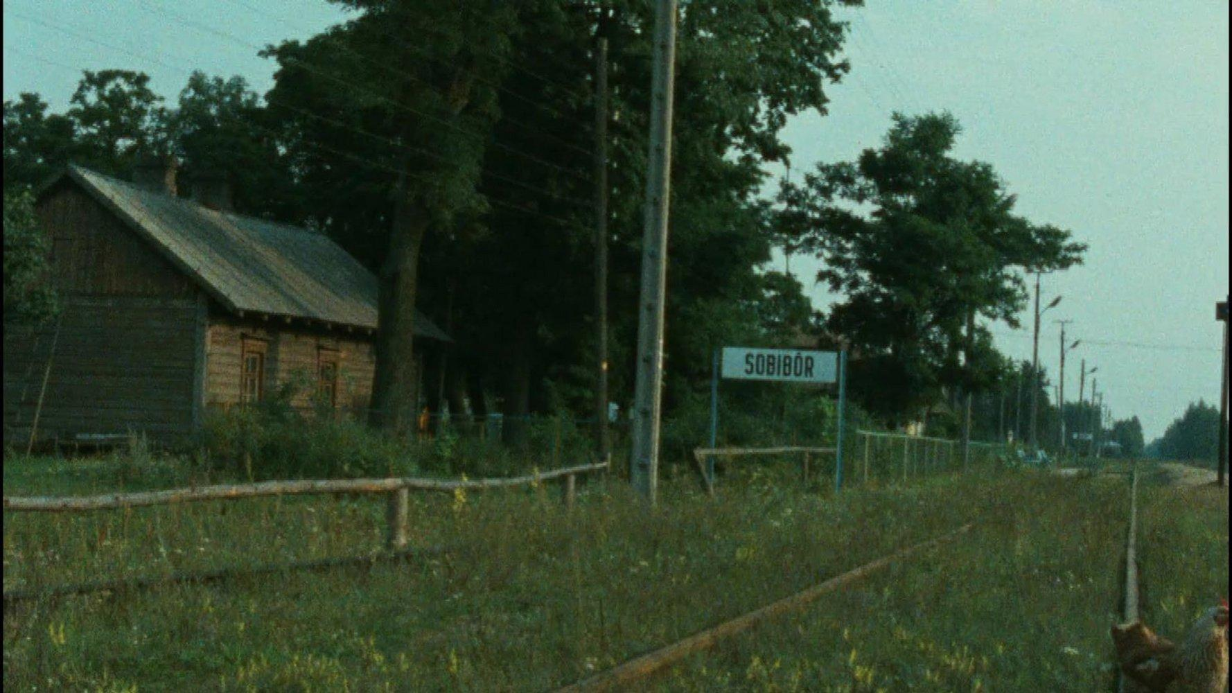 Ein Holzhaus, Bahngleise und ein Schild mit der Aufschrift 'Sobibór' befinden sich in einem grasbewachsenen Gebiet. Bäume und Strommasten füllen den Hintergrund.