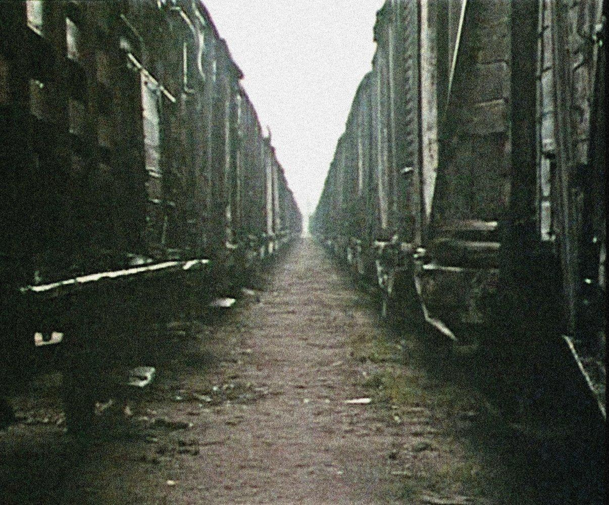 Zwei Reihen dunkler Waggons säumen einen Feldweg. Der Weg führt zu einem hellen, dunstigen Horizont. Die Wagen sind hoch und verwittert.