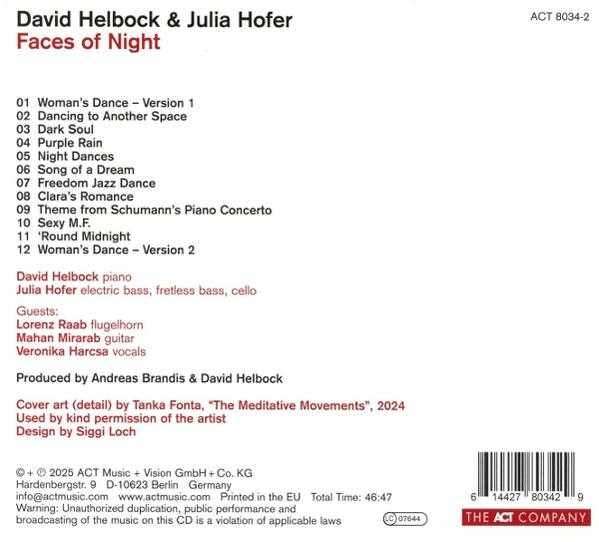 CD-Cover für "Faces of Night" von David Helbock & Julia Hofer. Enthält Titelliste, Credits und Kontaktinformationen. Mit Barcode und Logo.