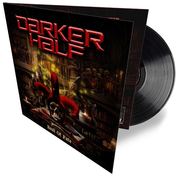 Albumcover mit dem Titel "Darker Half". Ein Schädel mit Narrenhut, ein Buch und eine LP-Schallplatte.