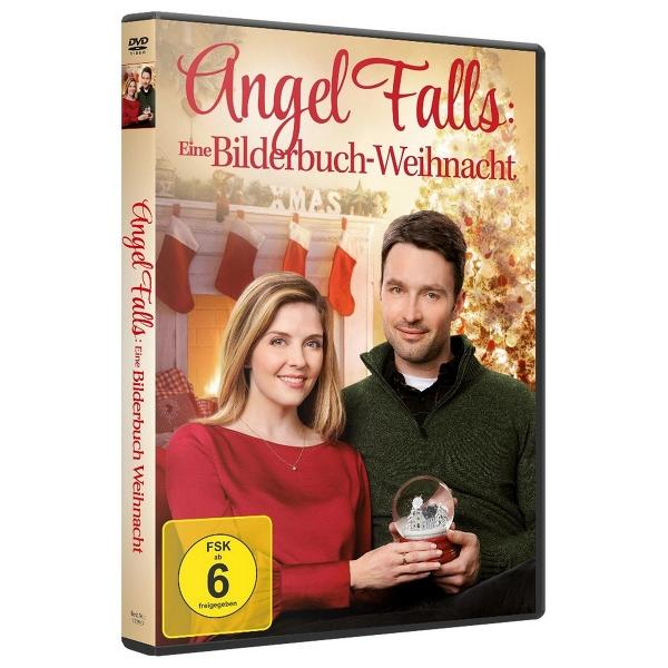 DVD-Cover von "Angel Falls: Eine Bilderbuch-Weihnacht" zeigt ein Paar, einen Kamin und eine Schneekugel. Der Titel ist oben.