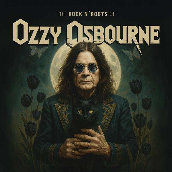 Ozzy Osbourne hält eine schwarze Katze. Er trägt eine runde Brille und einen dunklen Mantel vor Mond und schwarzen Blumen.