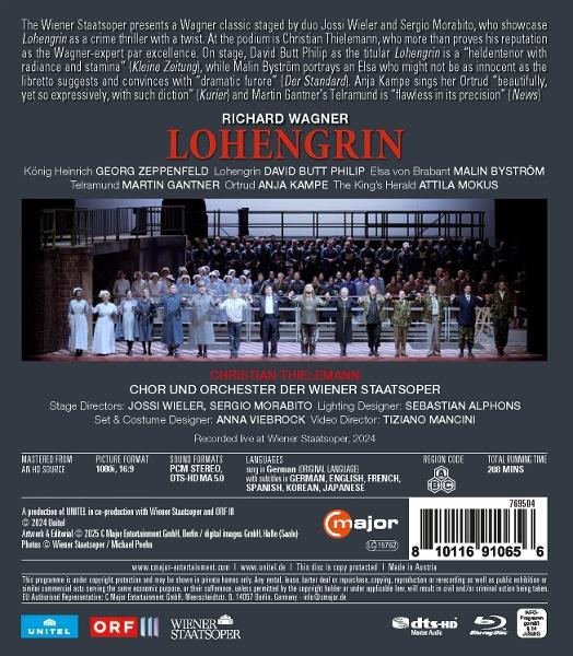 Plakat einer Opernaufführung. Enthält Text über die Oper Lohengrin, Credits und ein Bühnenfoto der Darsteller.
