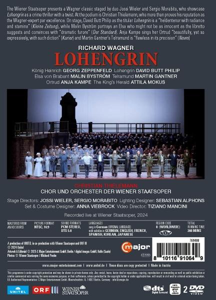 DVD-Cover der Lohengrin-Oper. Namen von Besetzung und Crew sind aufgeführt. Im Hintergrund eine Bühne mit Darstellern.