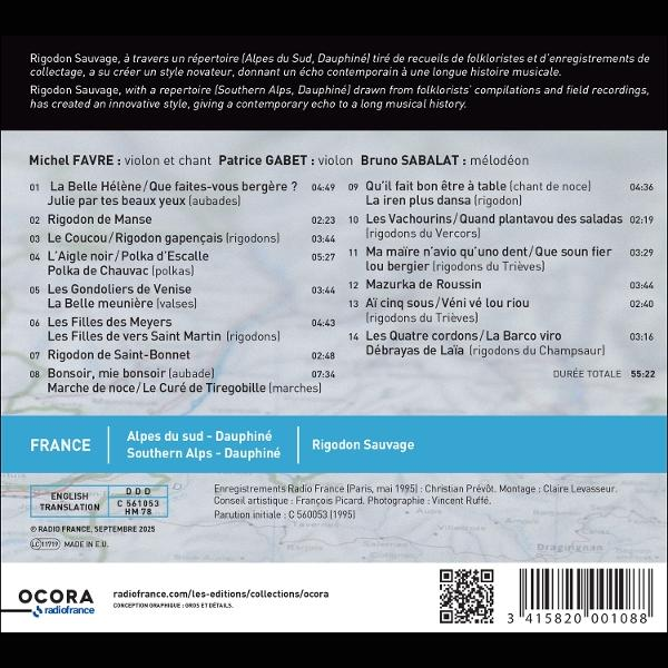 CD-Cover mit Text, Barcode und QR-Code. Der Titel lautet 'Rigodon Sauvage'.