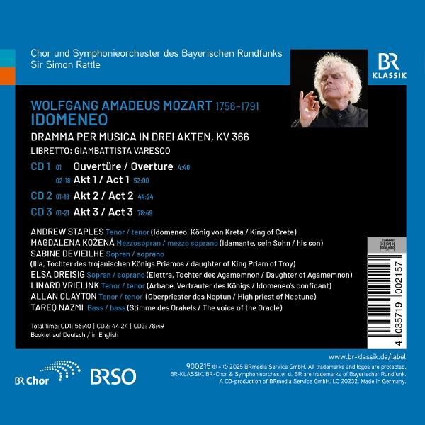 Albumcover von Mozarts Idomeneo. Mit Porträt des Dirigenten, Titelliste und Credits auf blauem Hintergrund.