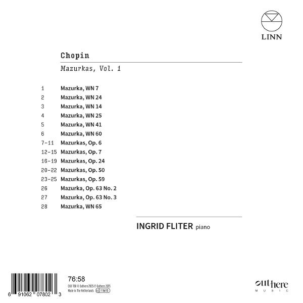 CD-Cover mit Chopins Mazurkas, Vol. 1, gespielt von Ingrid Fliter. Enthält Titelliste und Logos von Linn und Outhere Music.