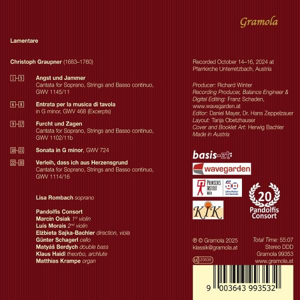 CD-Cover mit Text und Logos. Enthält Titel, Komponisten, Interpreten und Musikdetails auf burgunderfarbenem Hintergrund.