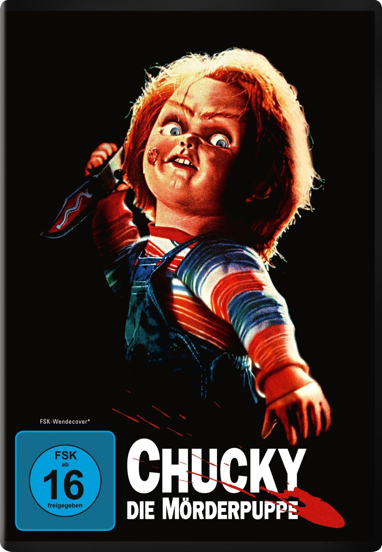 Chucky-Puppe mit Messer. Er trägt Latzhosen und ein gestreiftes Hemd. Der Titel lautet 'Chucky Die Mörderpuppe'.