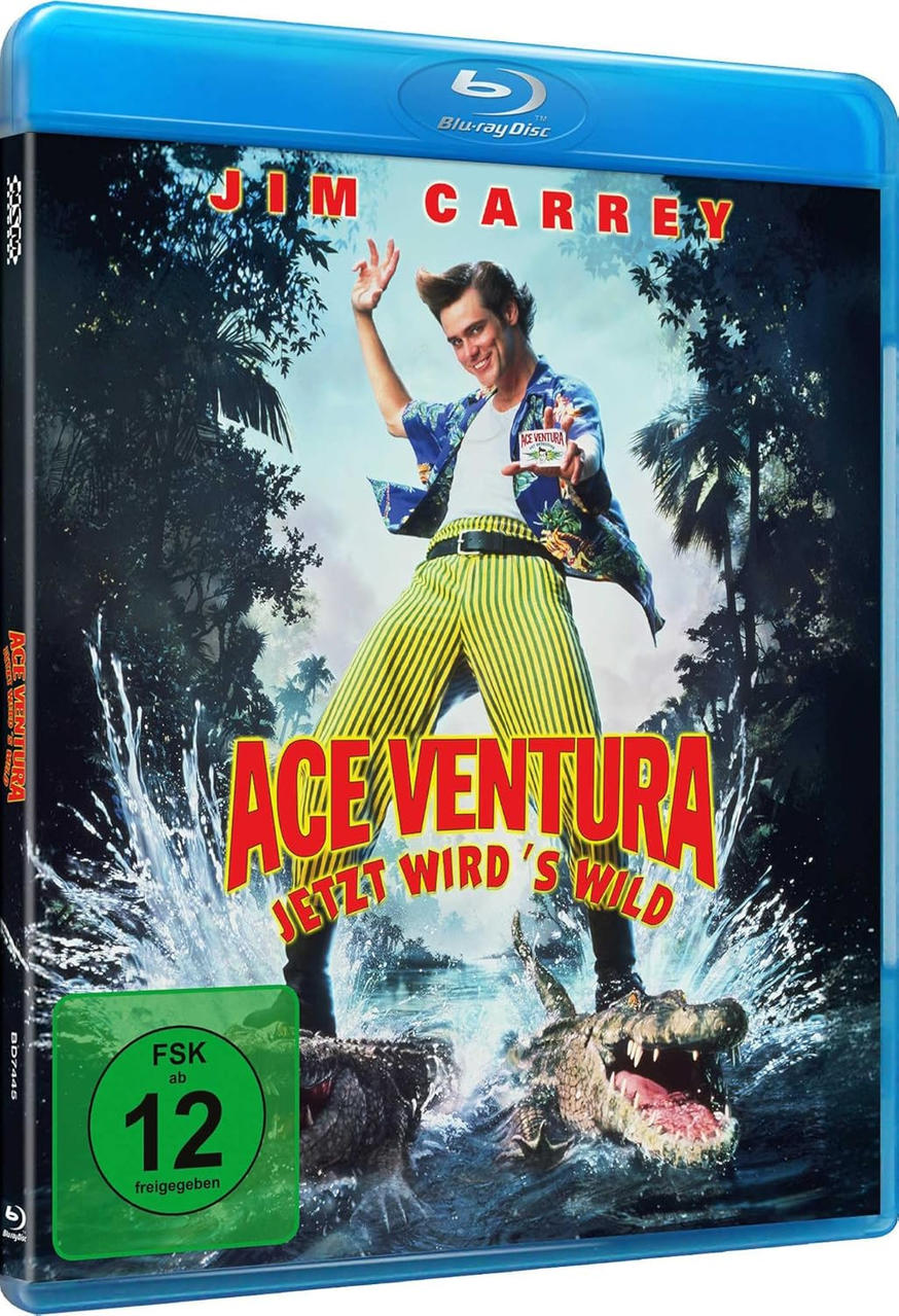 Blu-ray-Cover für Ace Ventura. Jim Carrey posiert, Wasser spritzt. Ein Alligator ist im Wasser. Titel in Rot.