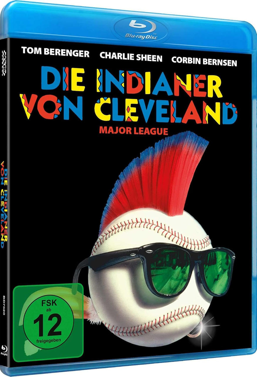 Filmcover. Ein Baseball mit Irokesenschnitt und Sonnenbrille. Text: 'Die Indianer von Cleveland, Major League'.