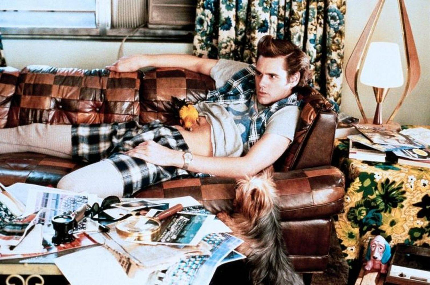 Ein Mann liegt auf einem braunen Sofa. Dokumente und ein Hund sind im Vordergrund. Eine Lampe und florale Vorhänge sind im Hintergrund.
