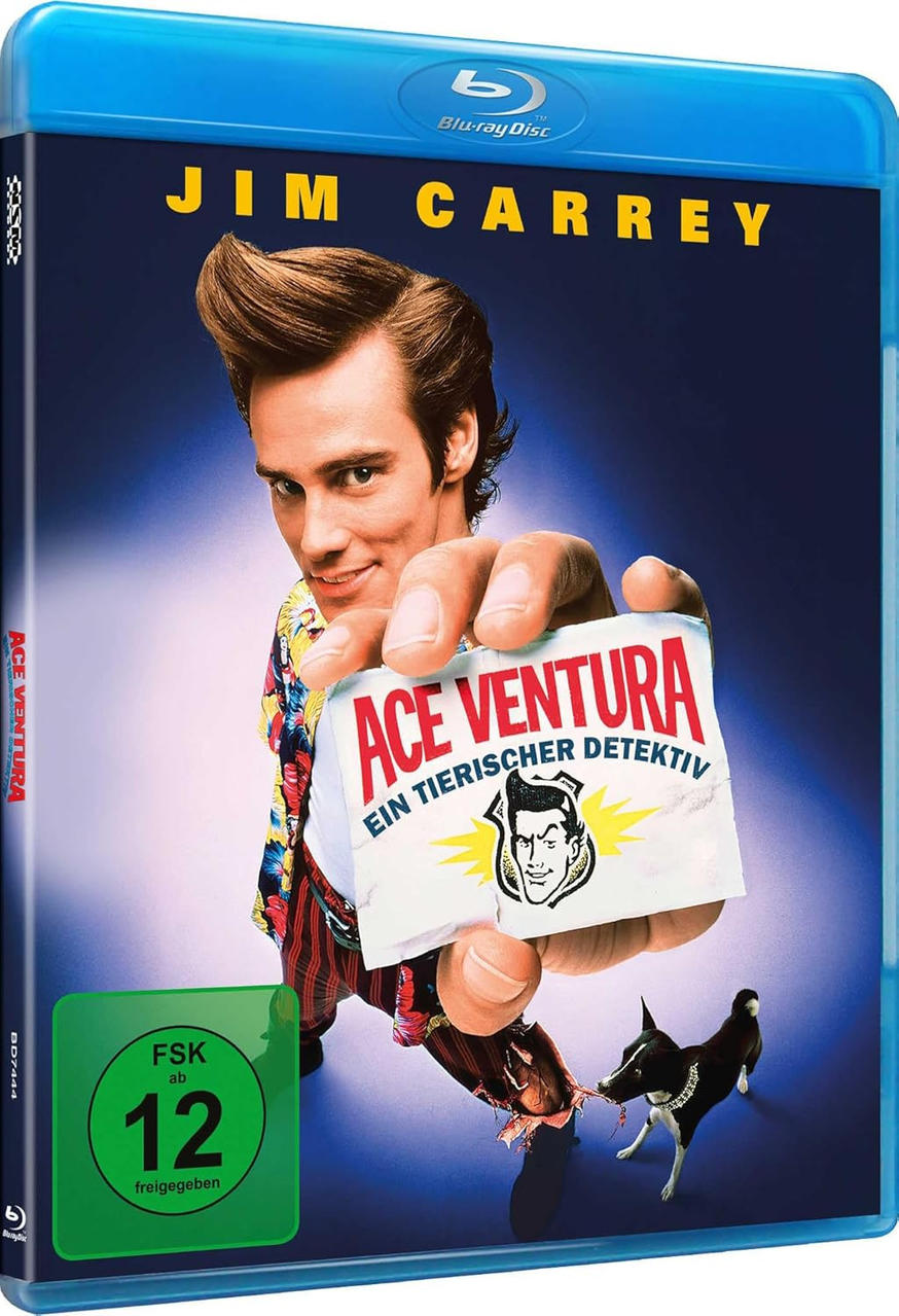 Blu-ray-Cover von Ace Ventura mit Jim Carrey. Er hält ein Schild mit der Aufschrift Ace Ventura. Ein Hund ist im Vordergrund.
