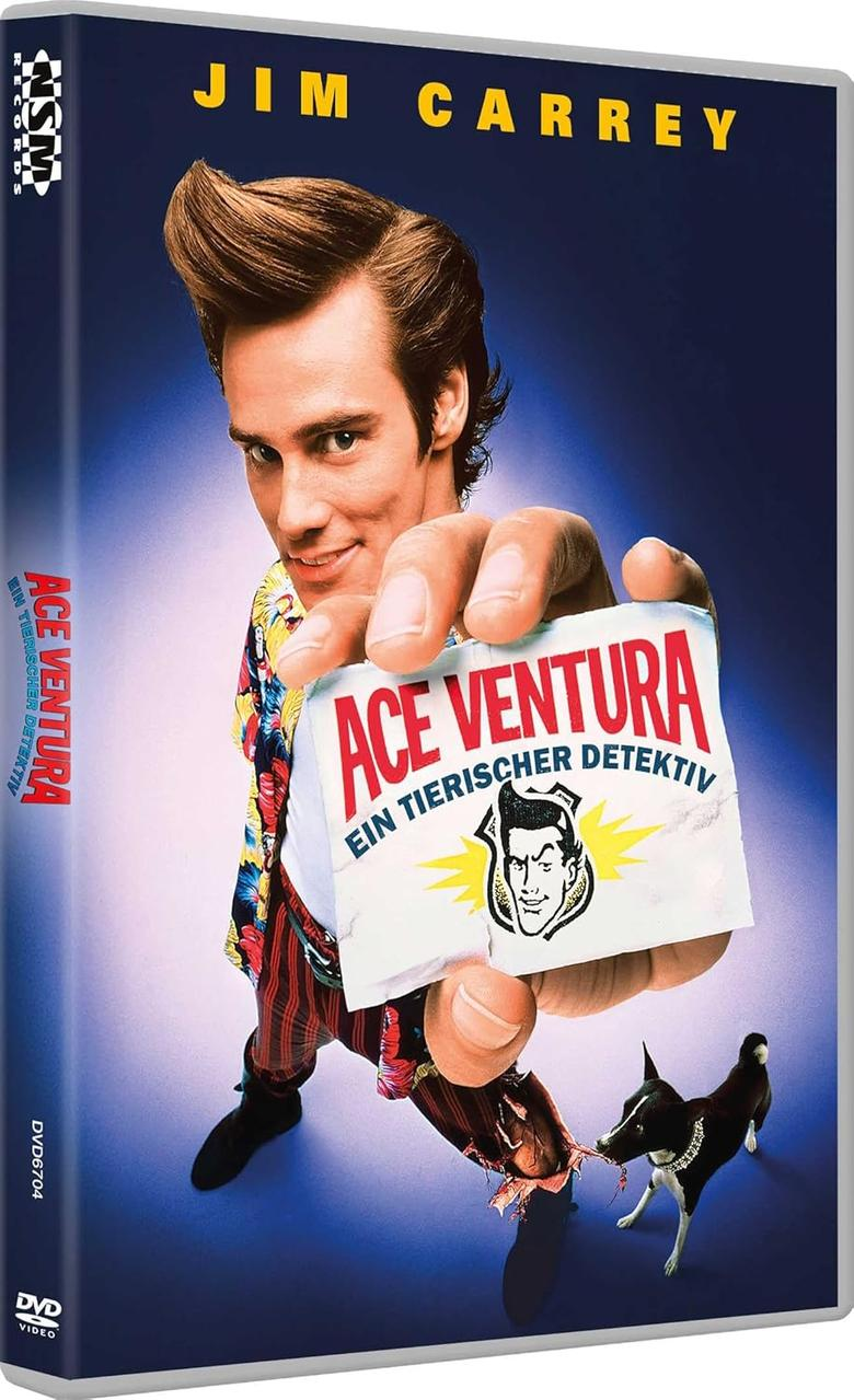 Jim Carrey auf einer DVD-Hülle von Ace Ventura. Er hält eine Karte mit dem Filmtitel und ein Hund ist in seiner Nähe.