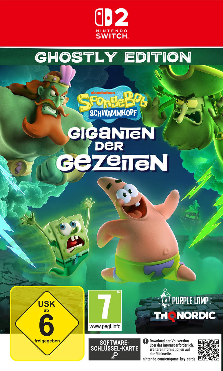 Okładka gry. SpongeBob i Patryk są gwiazdami. Tytuł: SpongeBob Schwammkopf Giganten der Gezeiten. Loga oceny i logo Nintendo Switch.