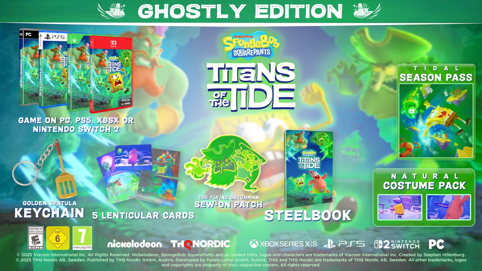 Obraz promocyjny gry SpongeBob Kanciastoporty, 'Titans of the Tide'. Zawiera pudełka z grą, naszywkę, brelok, karty i przepustkę sezonową.