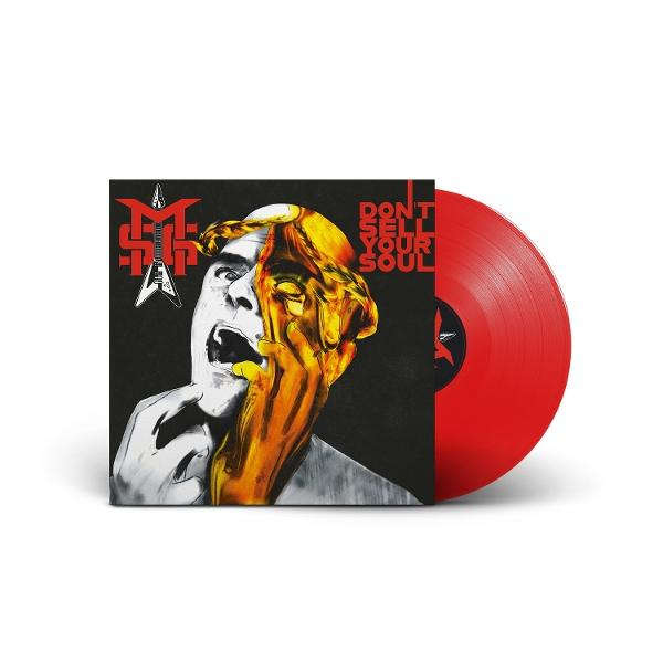 Albumcover: Ein Mann mit goldener Flüssigkeit im Gesicht. Text lautet 'Don't sell your soul'. Rote Schallplatte rechts.