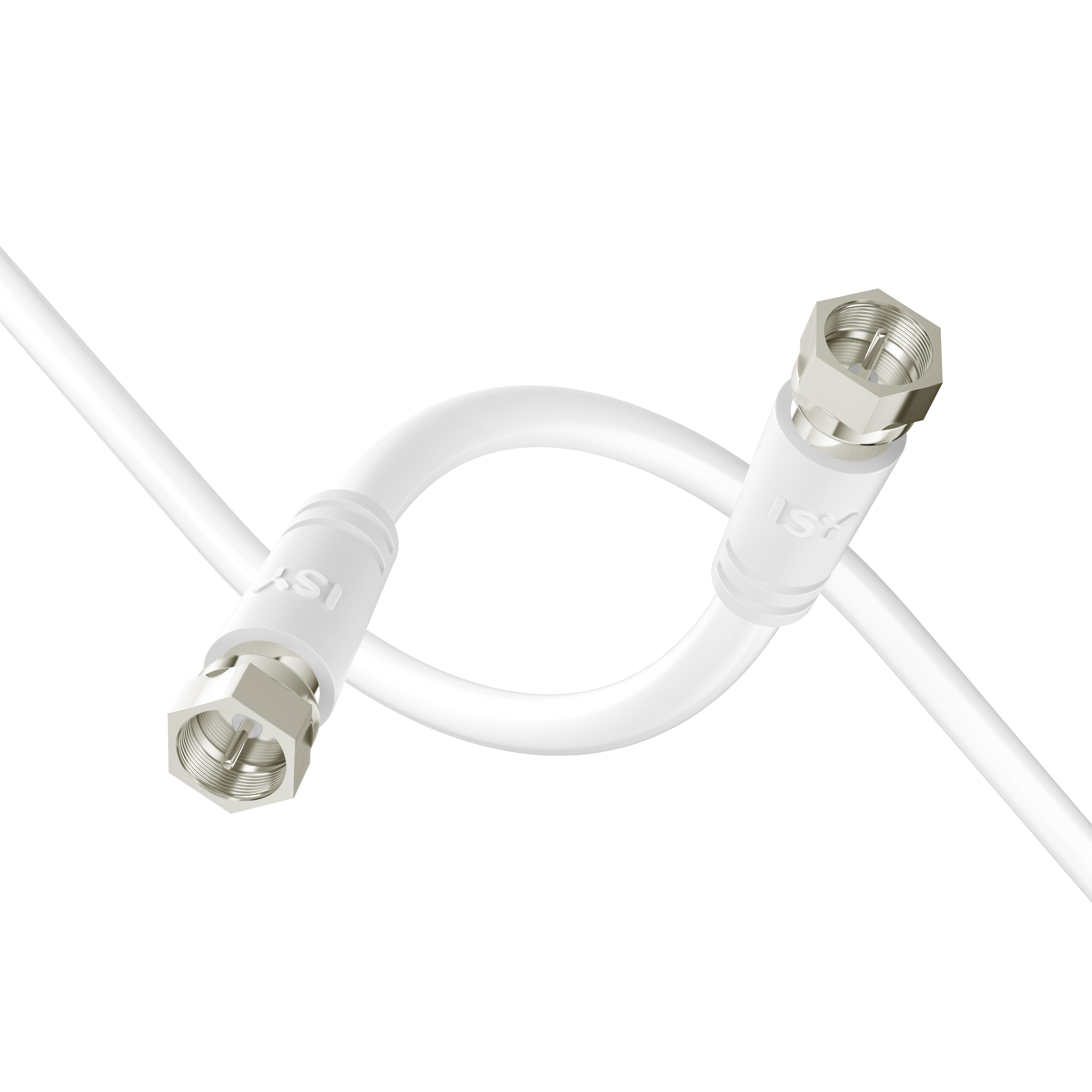 Biały kabel koncentryczny ze srebrnymi złączami, zagięty w pętlę na białym tle. Kabel jest oznaczony 'ISY'.