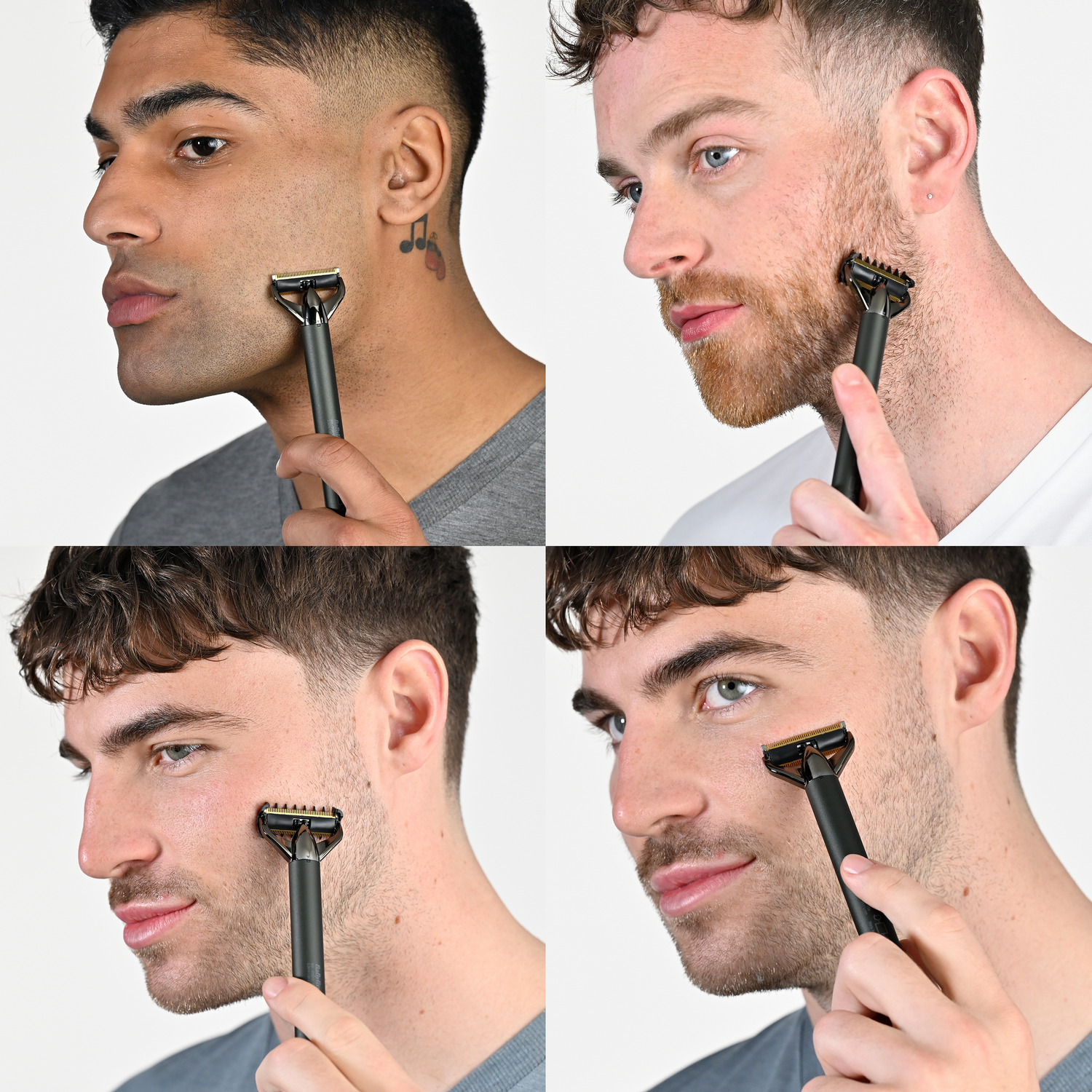 Cuatro hombres afeitándose con una maquinilla de afeitar negra. Cada uno tiene diferentes tonos de piel y colores de cabello. Todos miran la maquinilla.