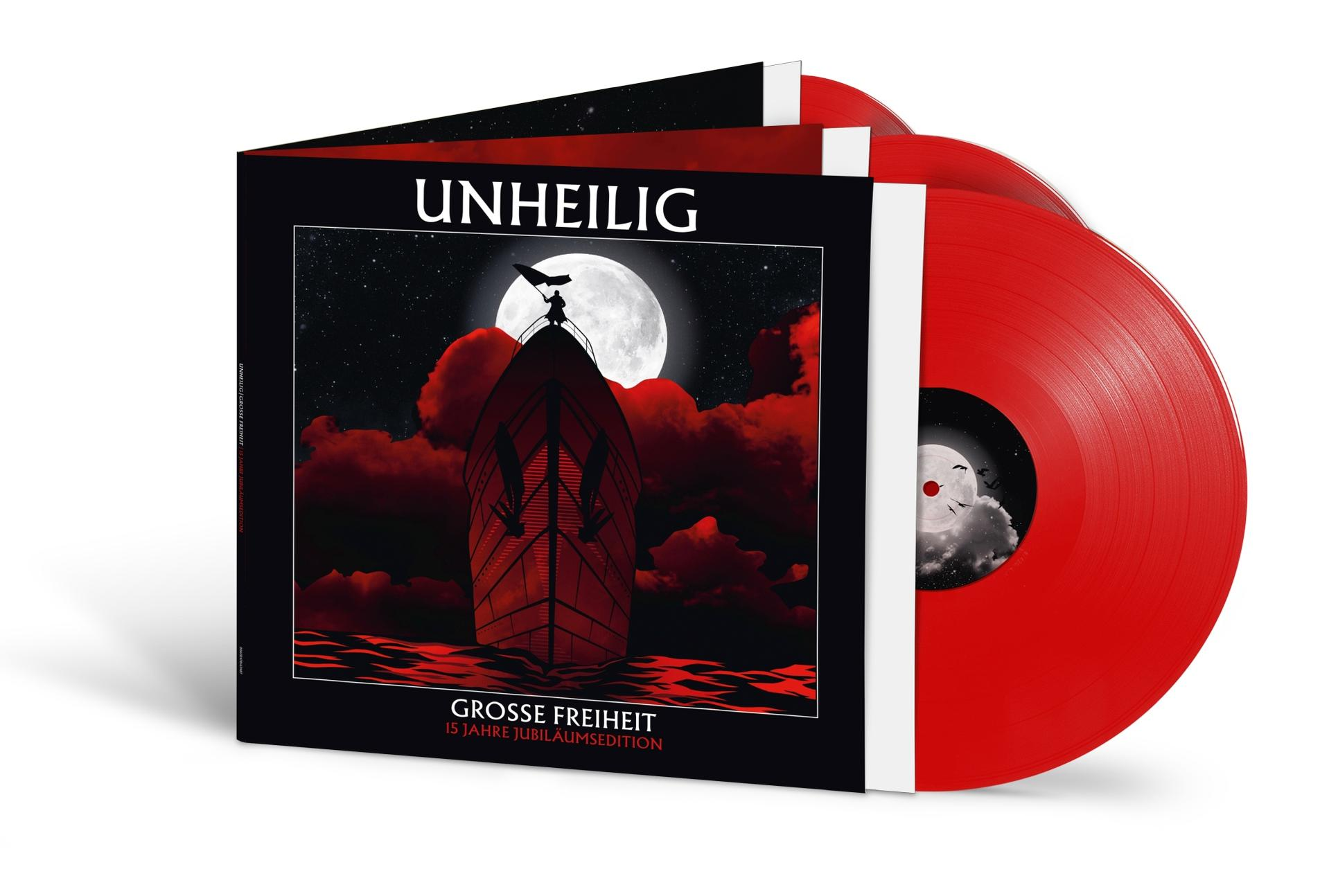 Albumcover mit Schiffs-Silhouette, roten Wolken und Vollmond. Rote Schallplatten sind sichtbar. Die Band heißt Unheilig.