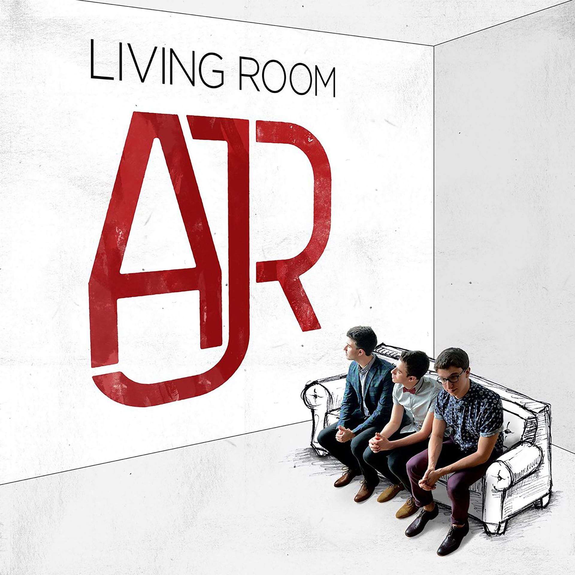 Drei Männer sitzen auf einer skizzierten Couch vor einer Wand mit "Living Room" und rotem "AJR"-Logo.
