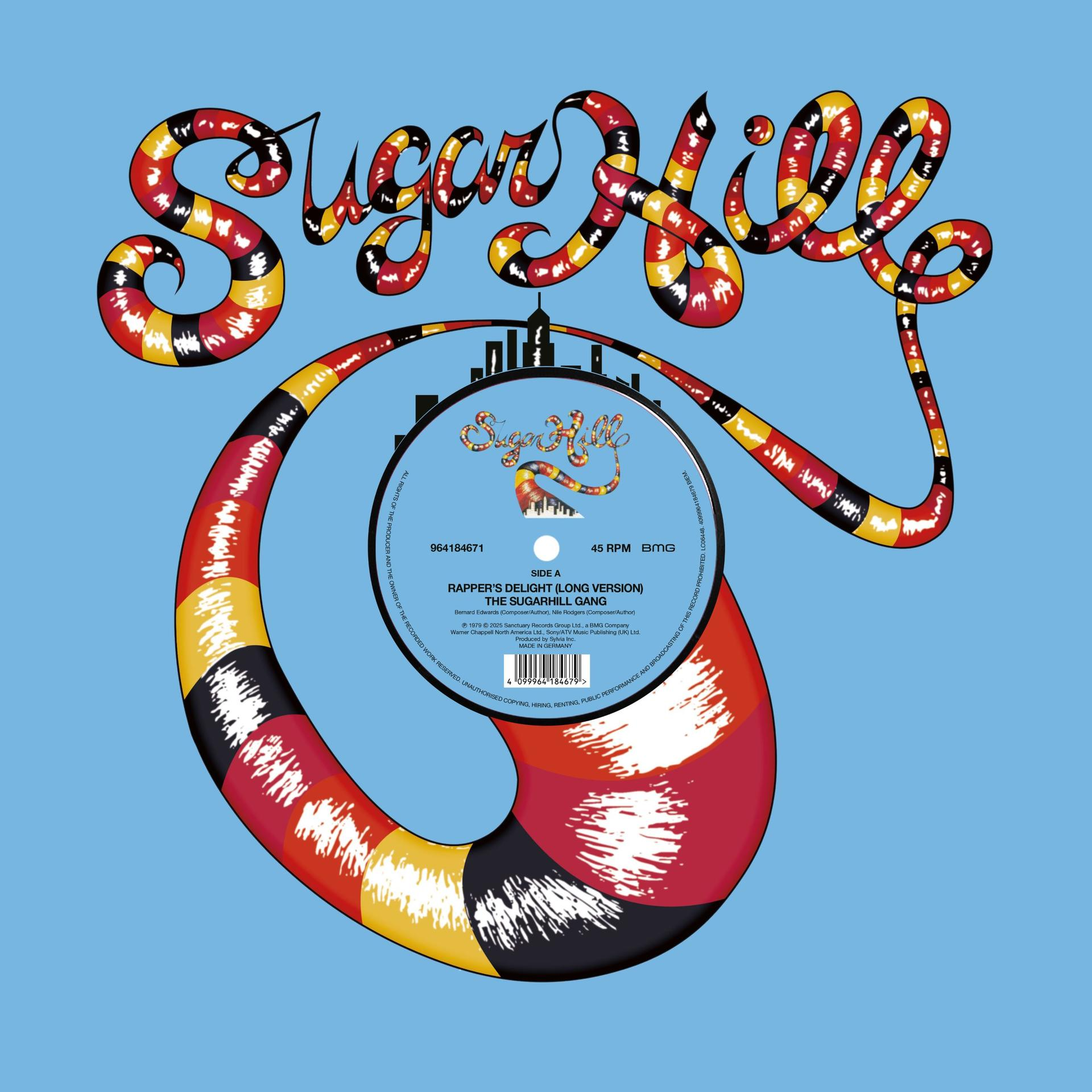 Schallplattencover mit buntem 'Sugarhill'-Schriftzug. Vinyl-Schallplatte in der Mitte mit Songdetails auf blauem Hintergrund.