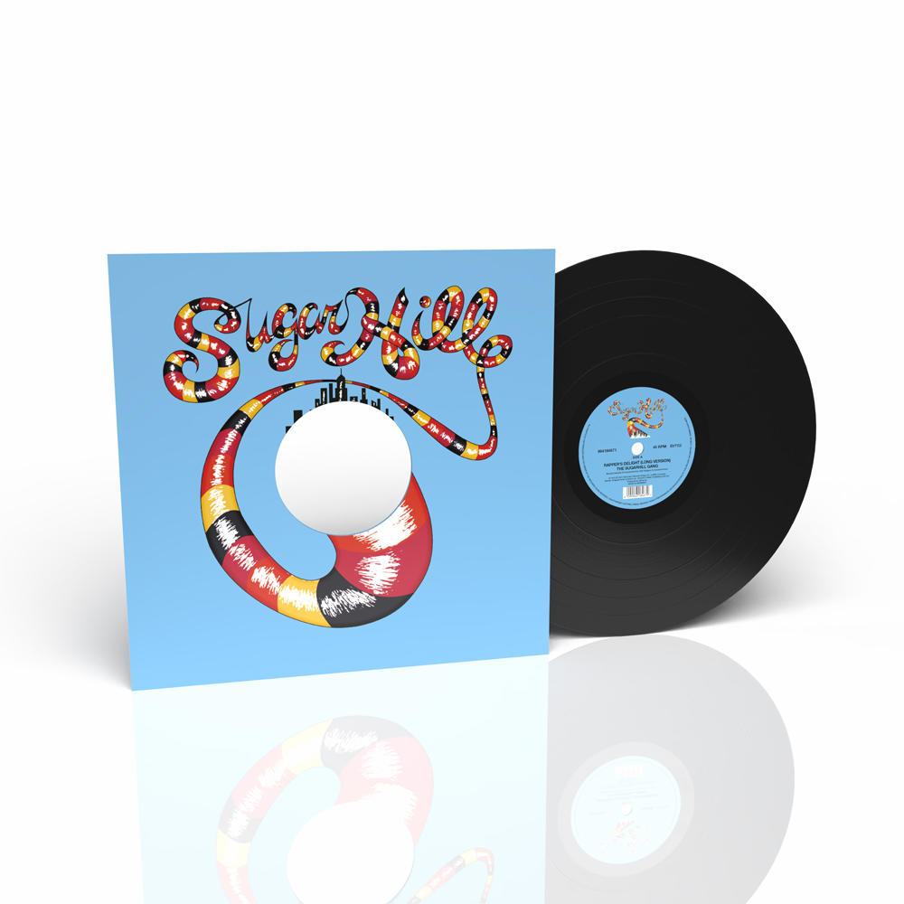 Albumcover mit dem Namen 'Sugar Hill' und einer stilisierten Grafik. Auf der rechten Seite befindet sich eine Schallplatte. Das Cover spiegelt sich.