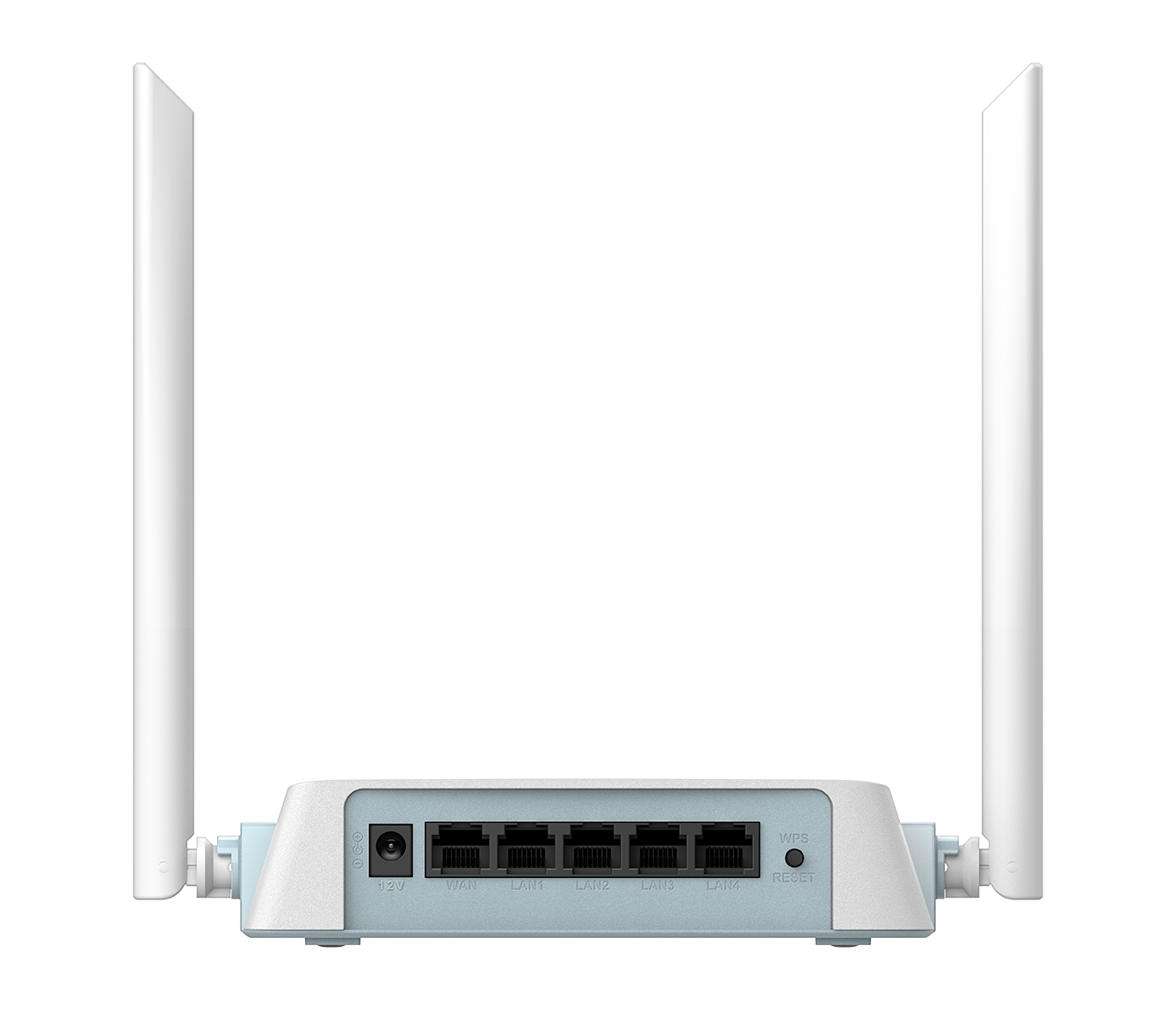 Ein weißer Router mit zwei Antennen. Er hat Anschlüsse mit der Aufschrift WAN, LAN1, LAN2, LAN3 und LAN4. Ein Stromanschluss und eine Reset-Taste sind sichtbar.