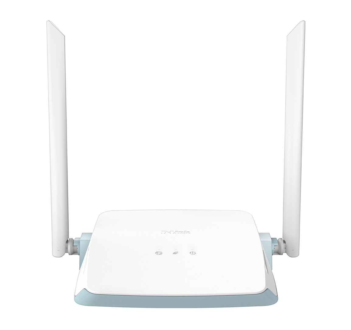Ein weißer und hellblauer D-Link-Router mit zwei weißen Antennen. Er hat drei Kontrollleuchten und einen Netzschalter.
