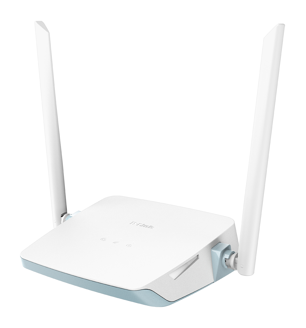 Weißer und hellblauer D-Link-Router mit zwei weißen Antennen. Der Router hat eine weiße Oberseite und eine hellblaue Basis.