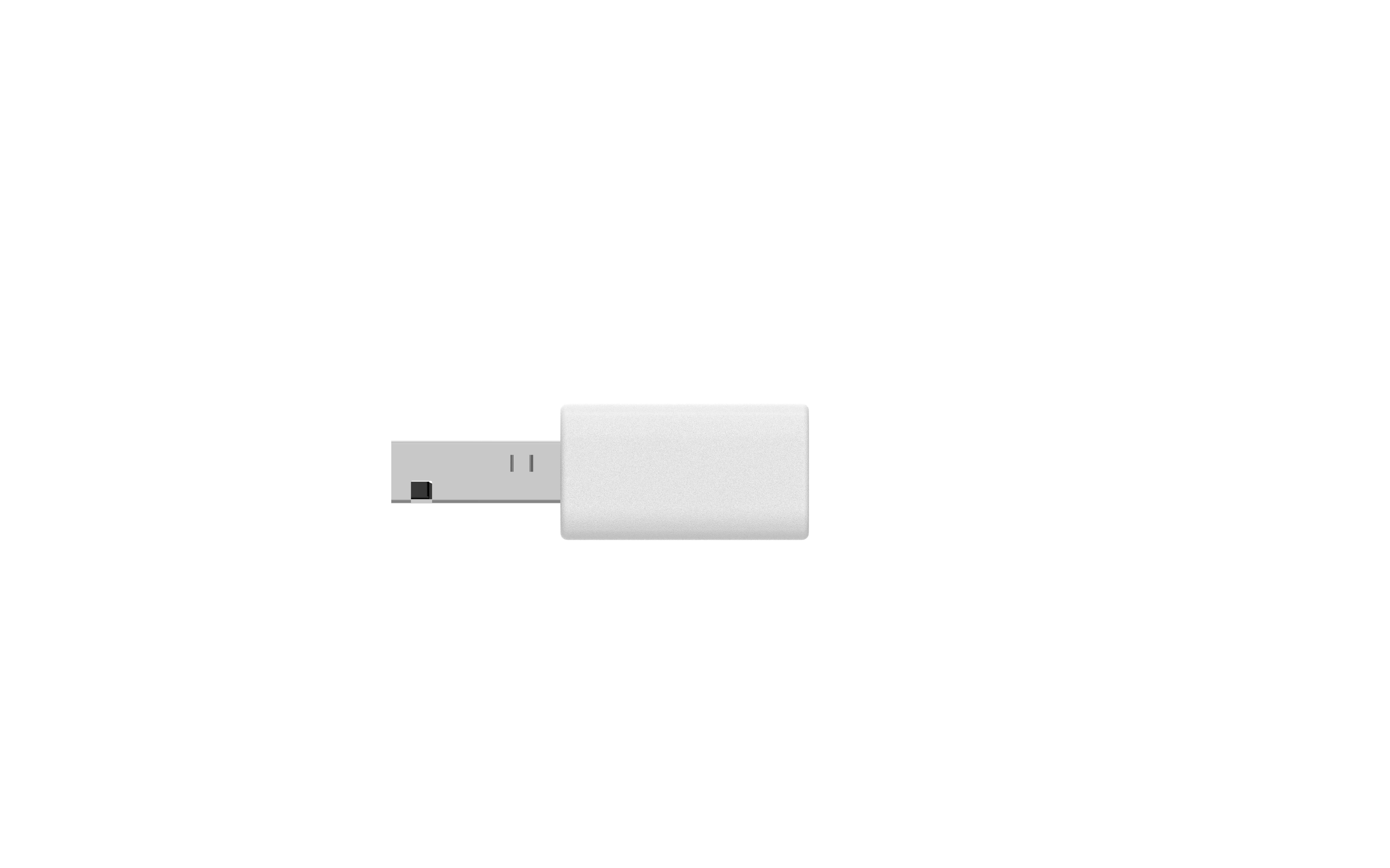 Ein weißer USB-Stick liegt horizontal auf weißem Hintergrund. Das Gerät hat einen rechteckigen Körper und einen USB-Anschluss.