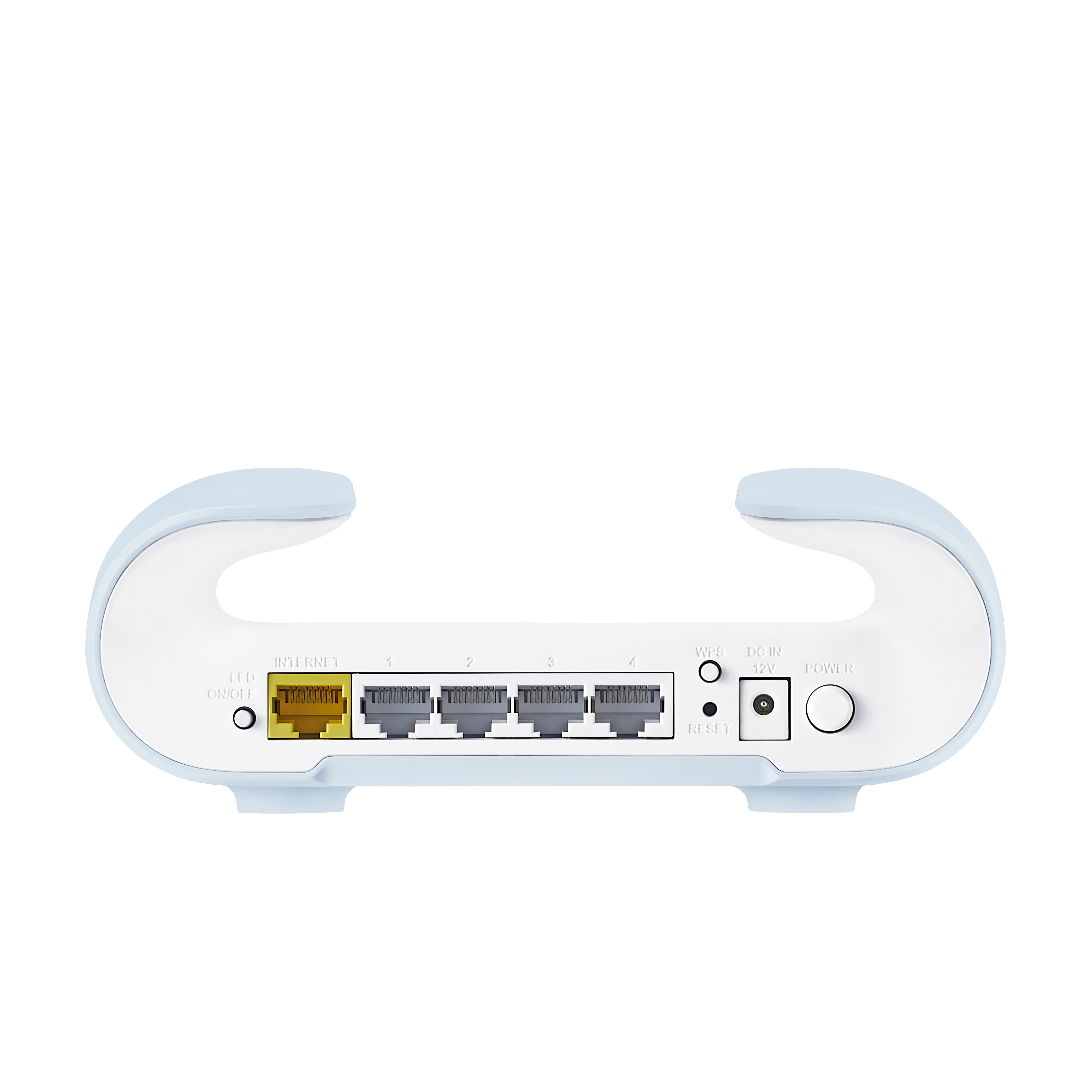 Weißer Router mit blauem Rahmen. Er hat Internetanschlüsse, LED, Ein-/Ausschalter und Reset-Tasten. Der Hintergrund ist weiß.