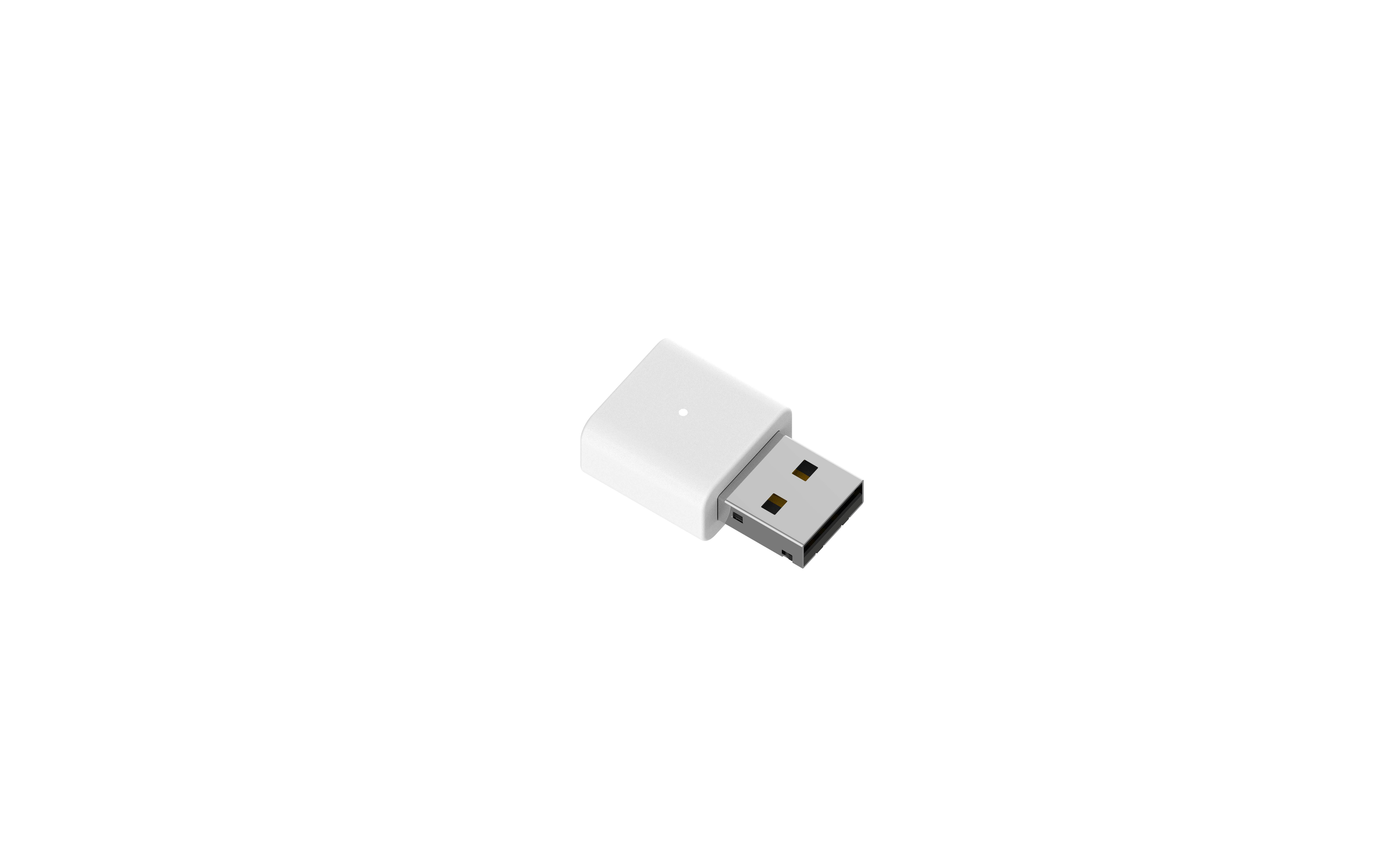 Ein weißer USB-Adapter auf weißem Hintergrund. Der USB-Anschluss ist silber und gold.