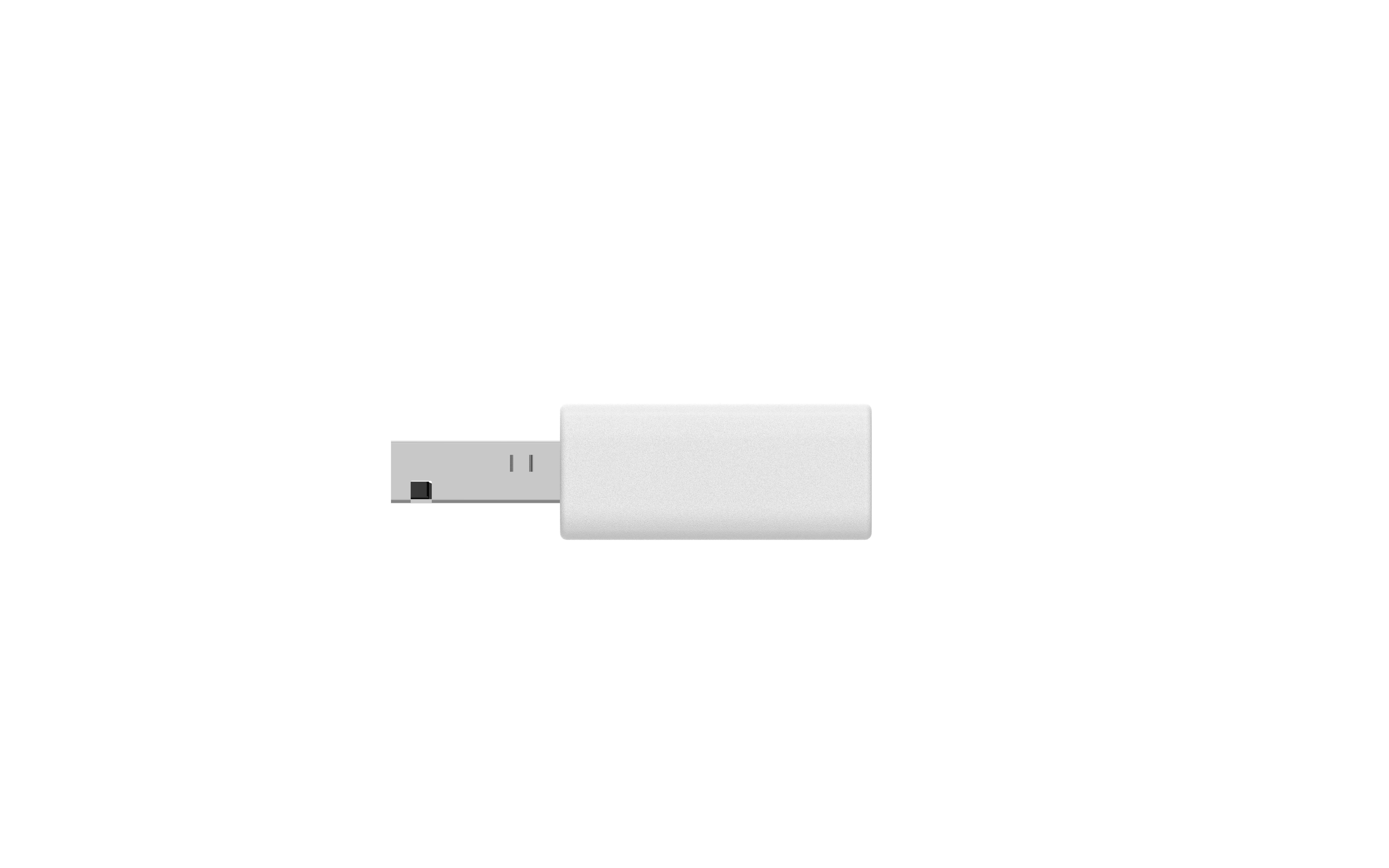 Ein weißer USB-Stick auf weißem Hintergrund. Der USB-Anschluss ist schwarz.